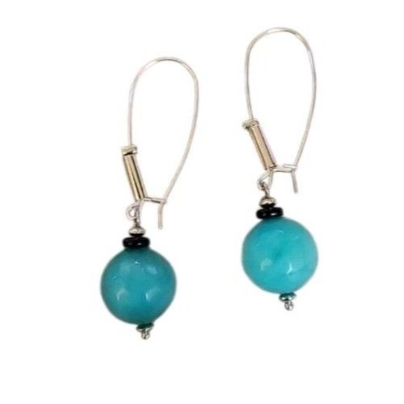 Green Faceted Stone Amazonite Large Bead Dangle Drop Earrings Long Wire Hooks - Picture 6 of 7